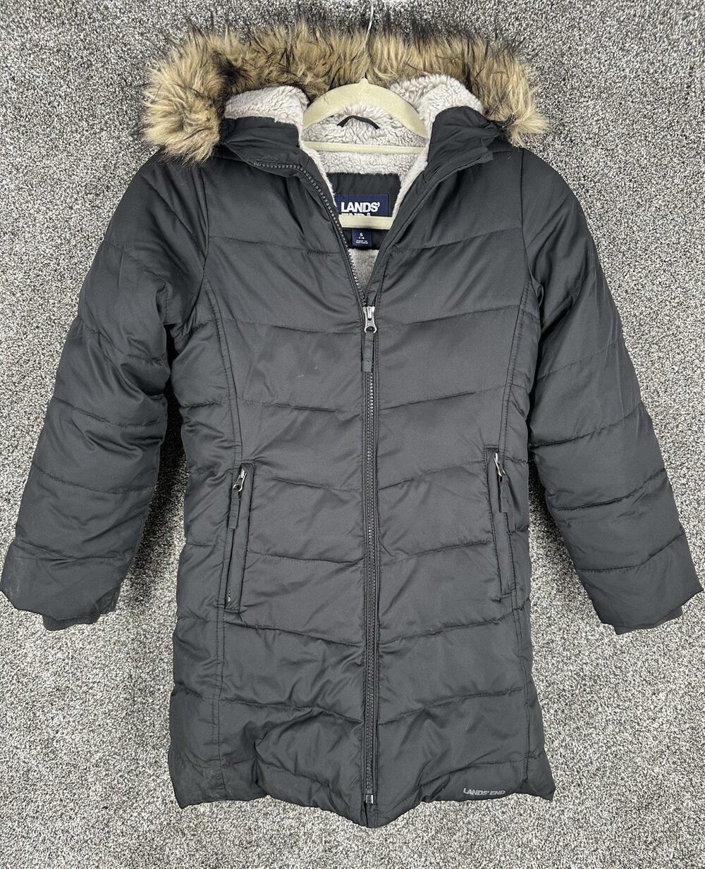 Lands End Coat Youth 7-8 Black Primaloft Hooded Faux Fur Lined Puffer Parka Snow